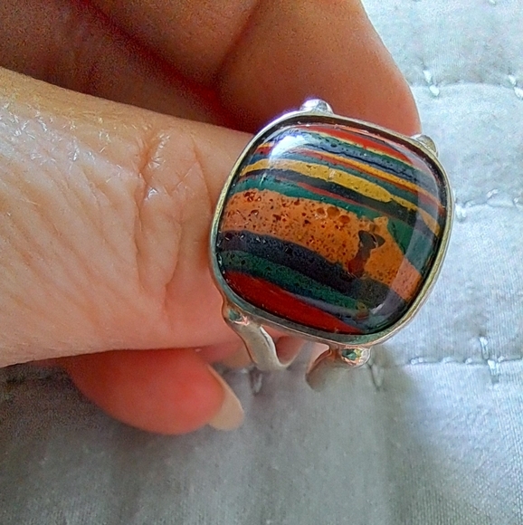 Sterling Silver JAY KING DTR Rainbow Calsilica Cabochon Square Ring Size 9 - Picture 2 of 12